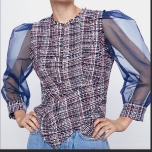 Zara Blue and Red tweed Plaid Blouse with Sheer Sleeves